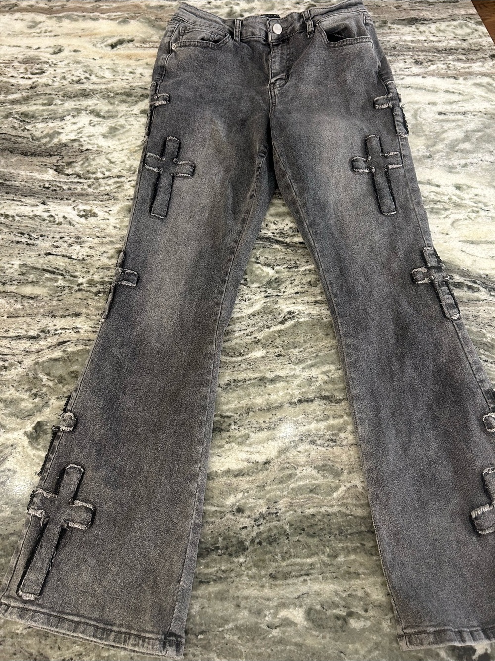 Ashley Mason Gray Distressed Cross-Appliqué Flare Jeans